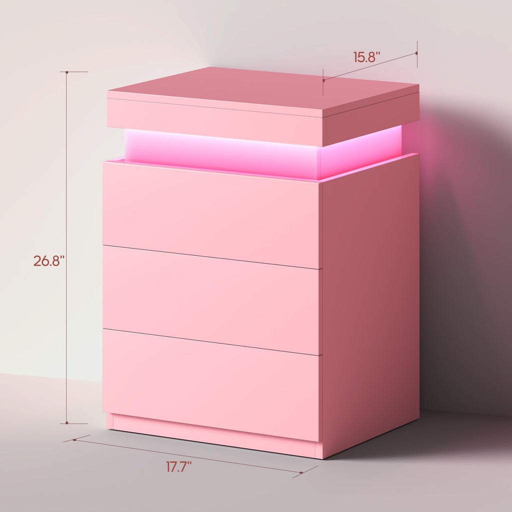 Pink Nightstand with Charging Station and LED Lights C2061