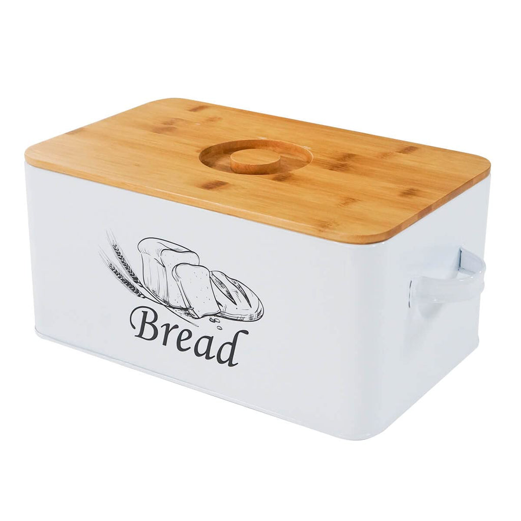 White Metal Bread Box with Bamboo Lid D923