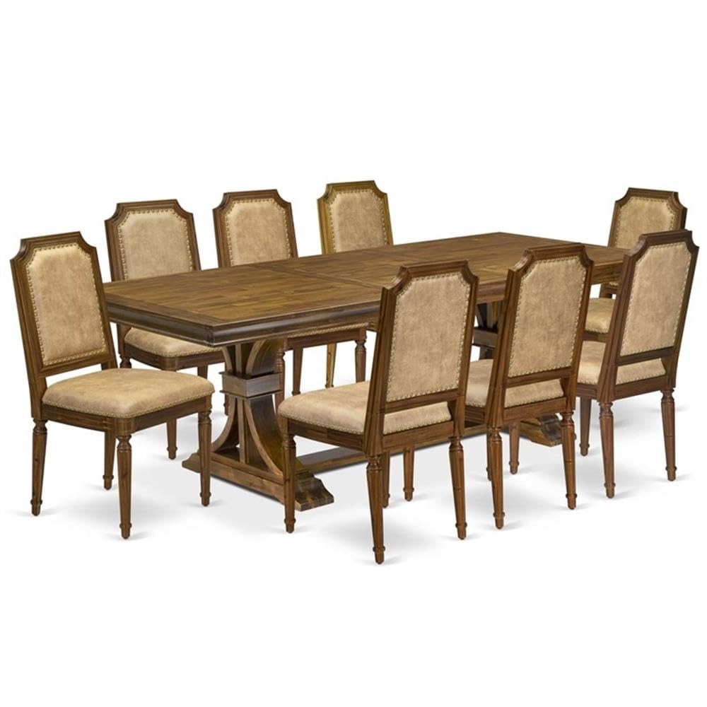 9-Piece Acacia Wood Dining Table Set with 8 Beige PU Leather Chairs S847