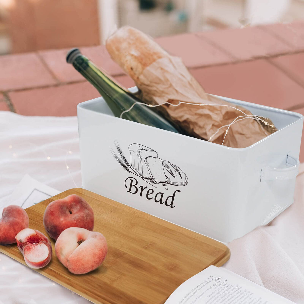 White Metal Bread Box with Bamboo Lid D923