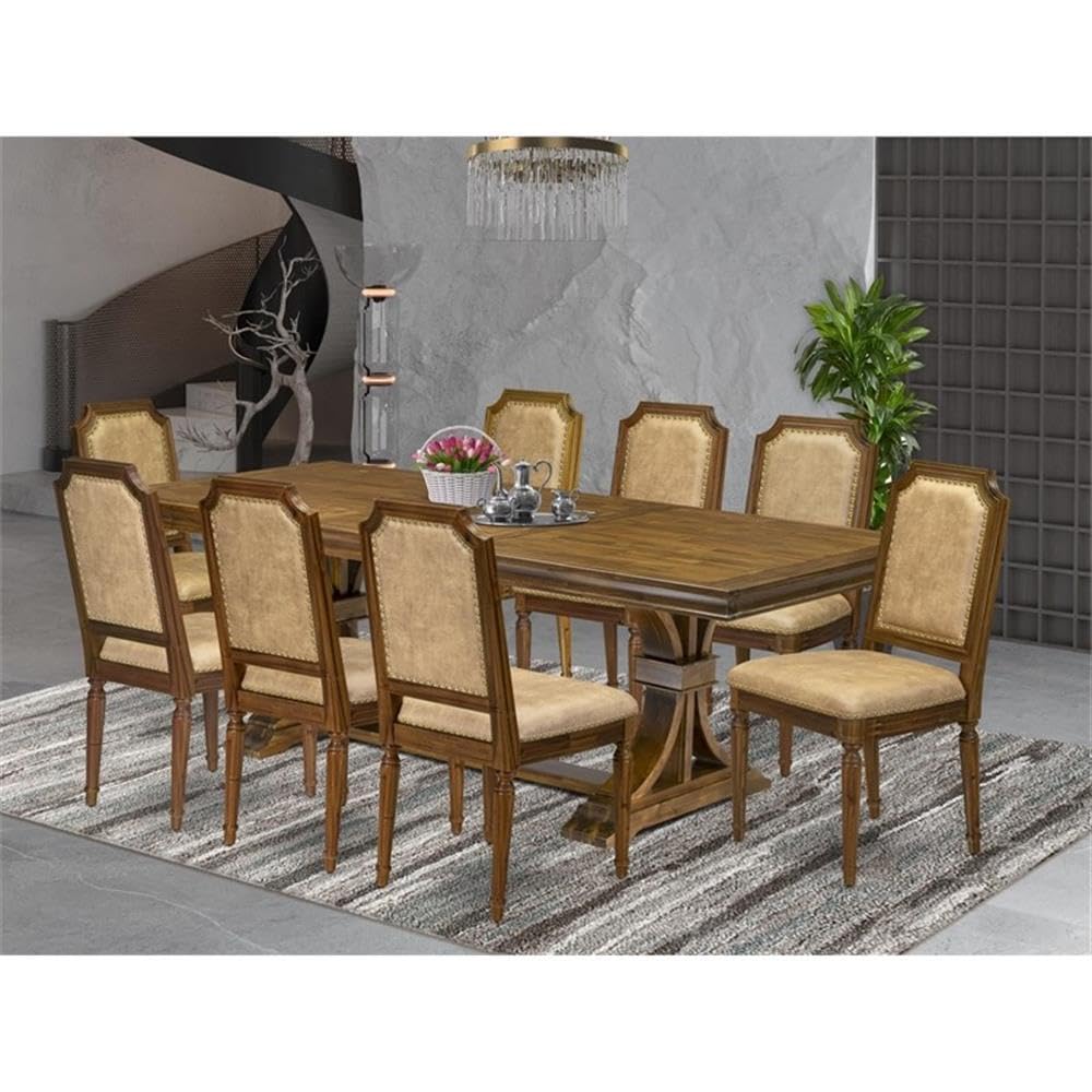 9-Piece Acacia Wood Dining Table Set with 8 Beige PU Leather Chairs S847