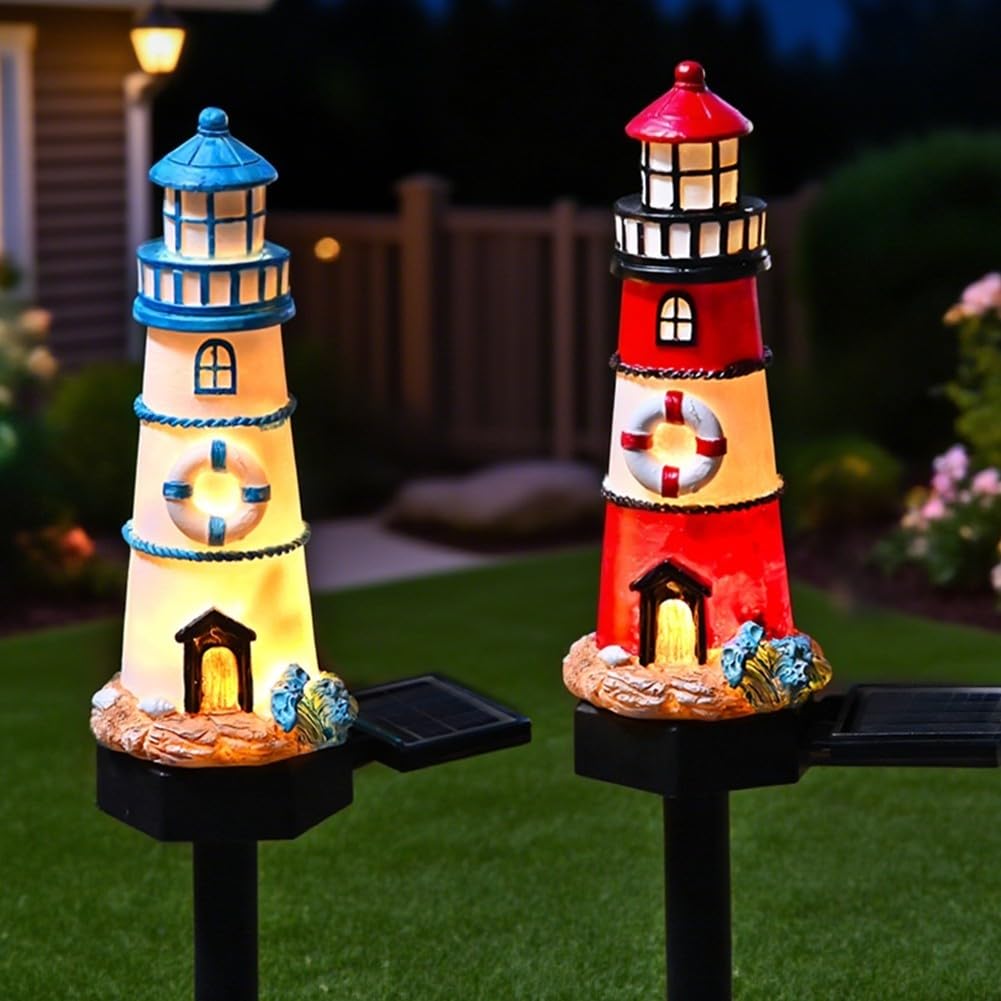 Solar Powered LED Lighthouse Light Outdoor Garden Waterproof Resin Automatic Sensor K92238