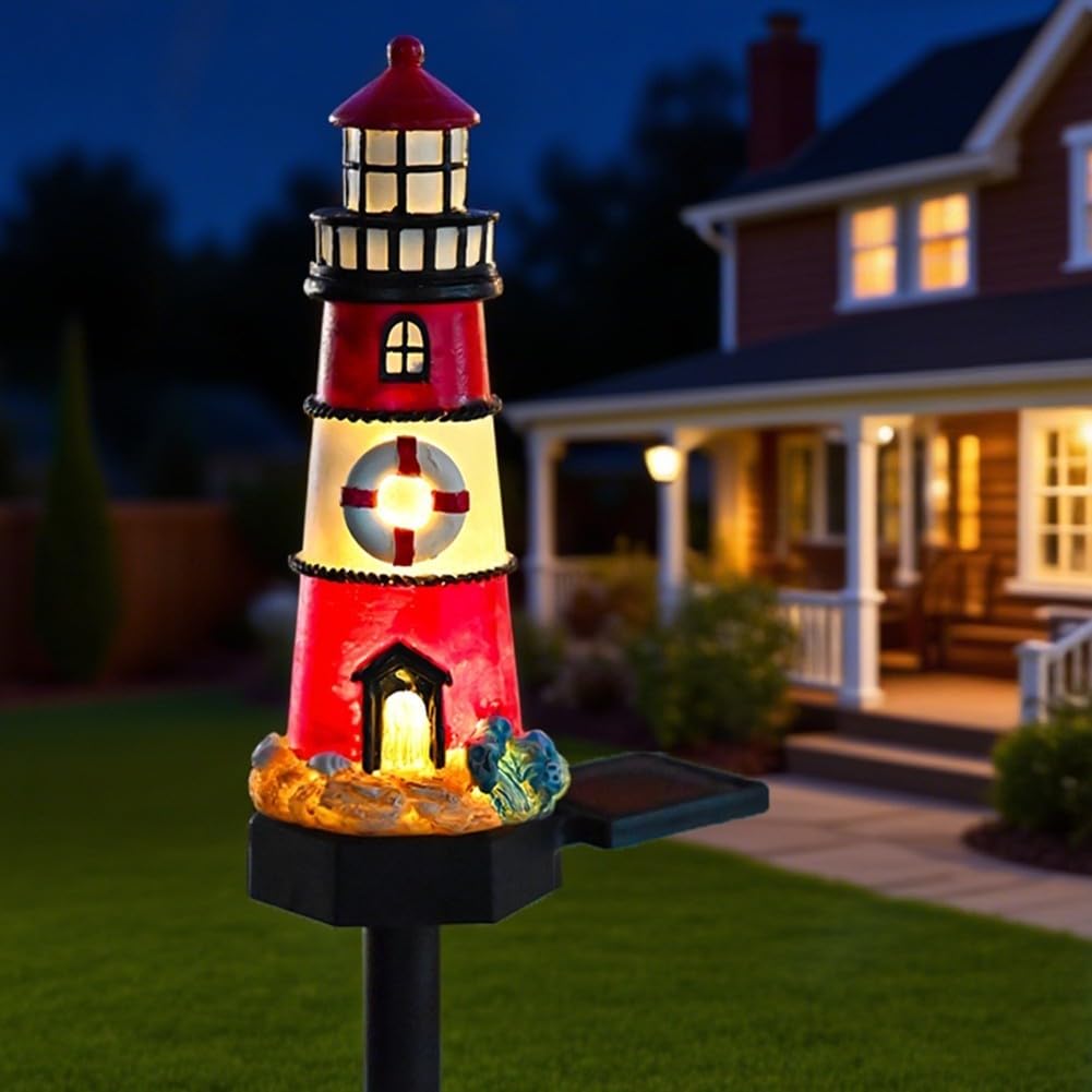 Solar Powered LED Lighthouse Light Outdoor Garden Waterproof Resin Automatic Sensor K92238