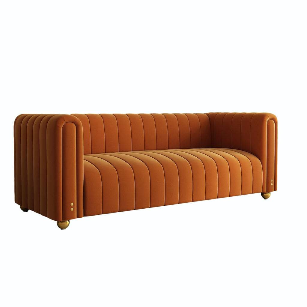 81" Orange Velvet Tufted Sofa 3 Seater with Metal Legs I4388