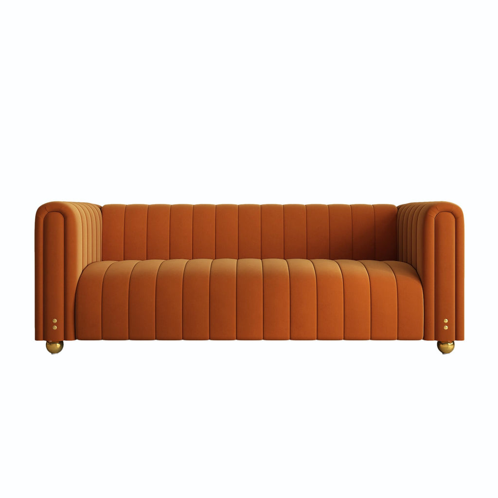 81" Orange Velvet Tufted Sofa 3 Seater with Metal Legs I4388