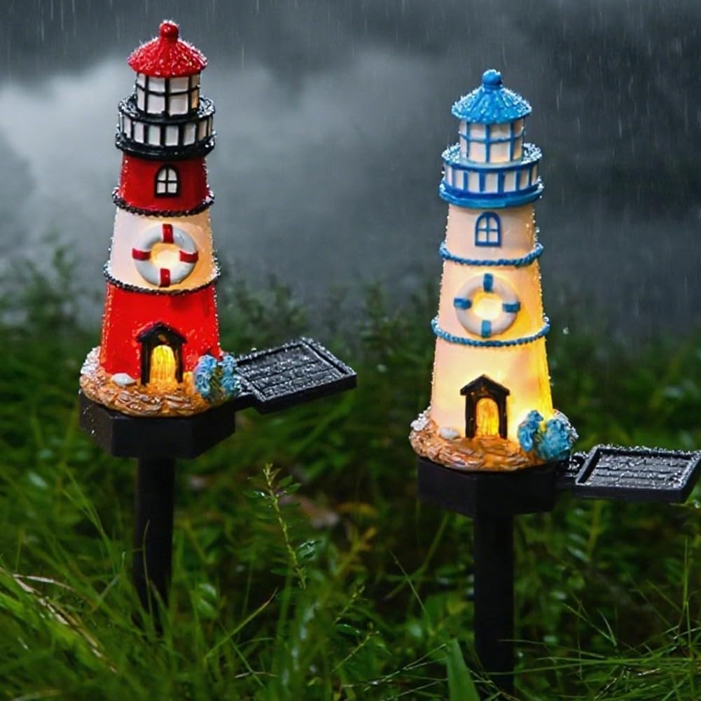 Solar Powered LED Lighthouse Light Outdoor Garden Waterproof Resin Automatic Sensor K92238