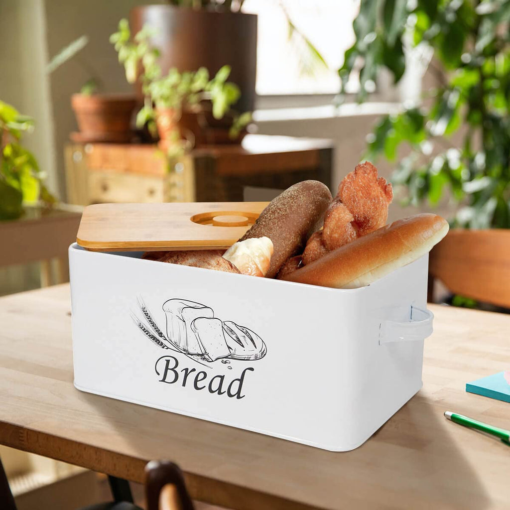 White Metal Bread Box with Bamboo Lid D923