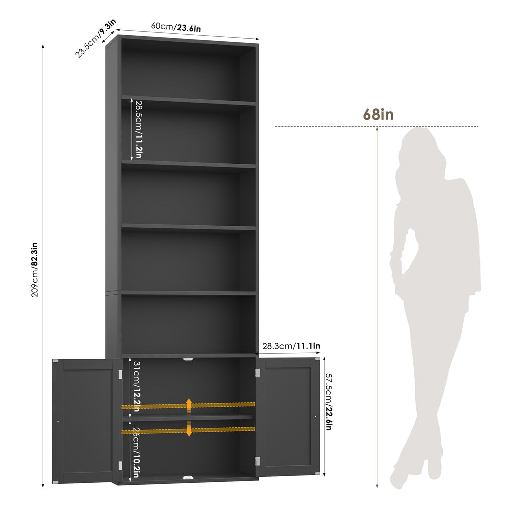 82" Tall Black Bookcase with Doors X830759
