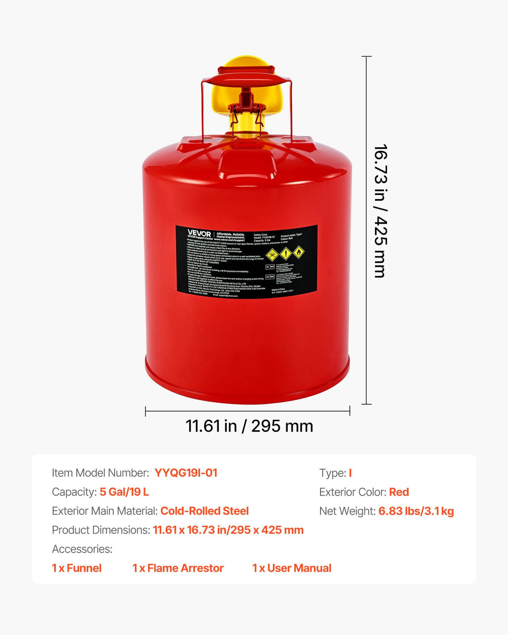 5 Gallon Red Metal Safety Gas Can with Flame Arrester Y976