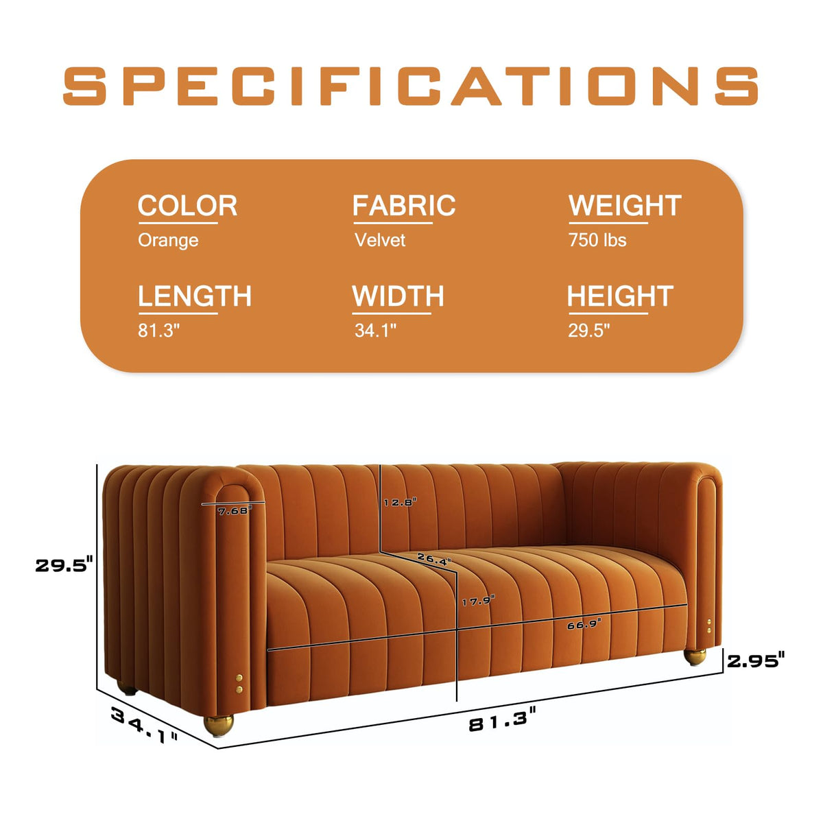 81" Orange Velvet Tufted Sofa 3 Seater with Metal Legs I4388