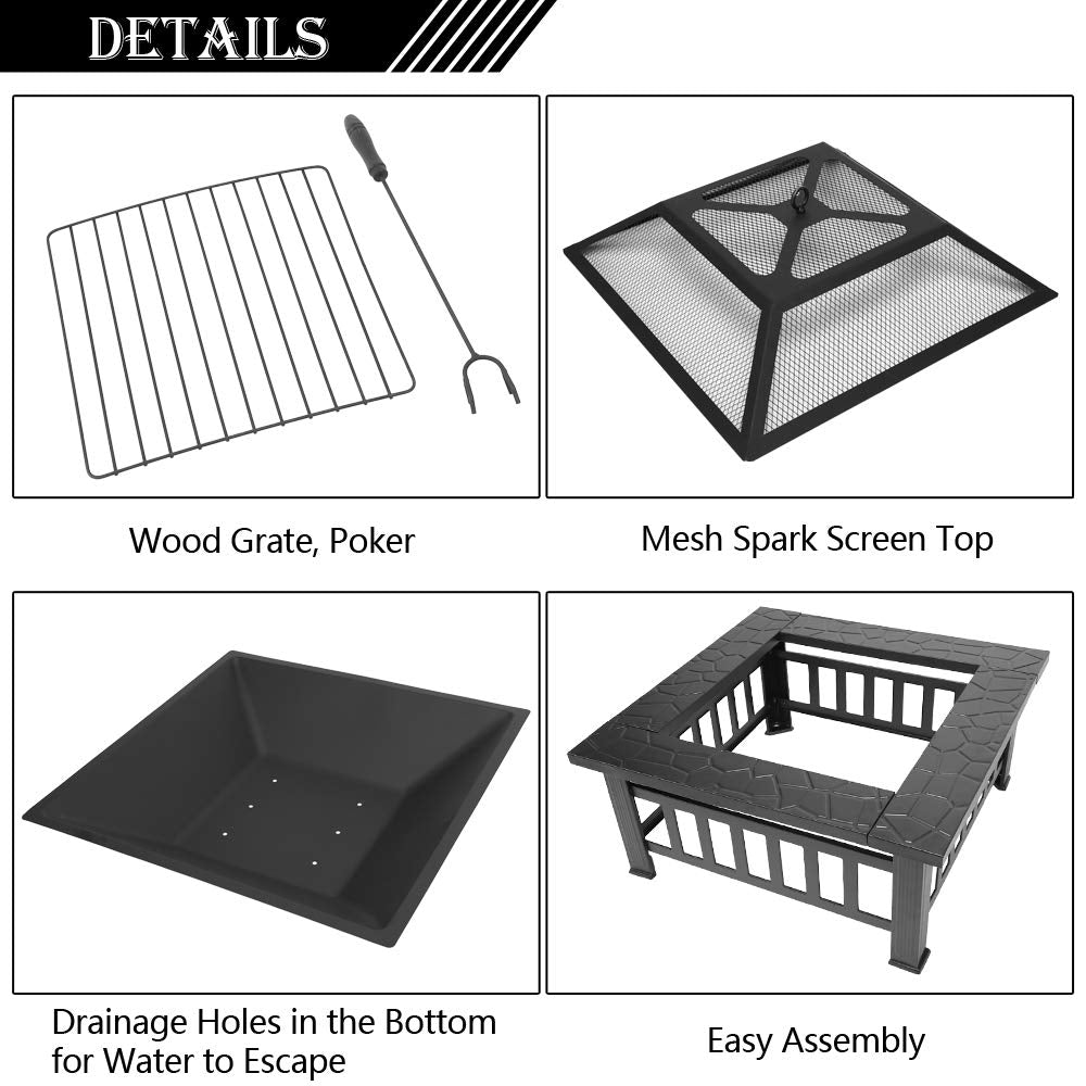 32” Metal Square Wood Burning Fire Pit T12392