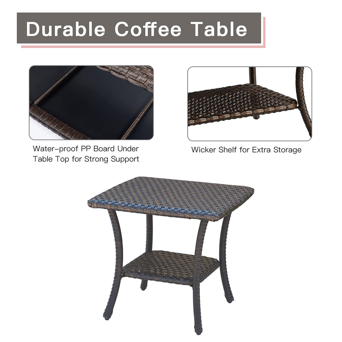 Brown Wicker Rattan 2-Tier Outdoor Coffee Table W992135