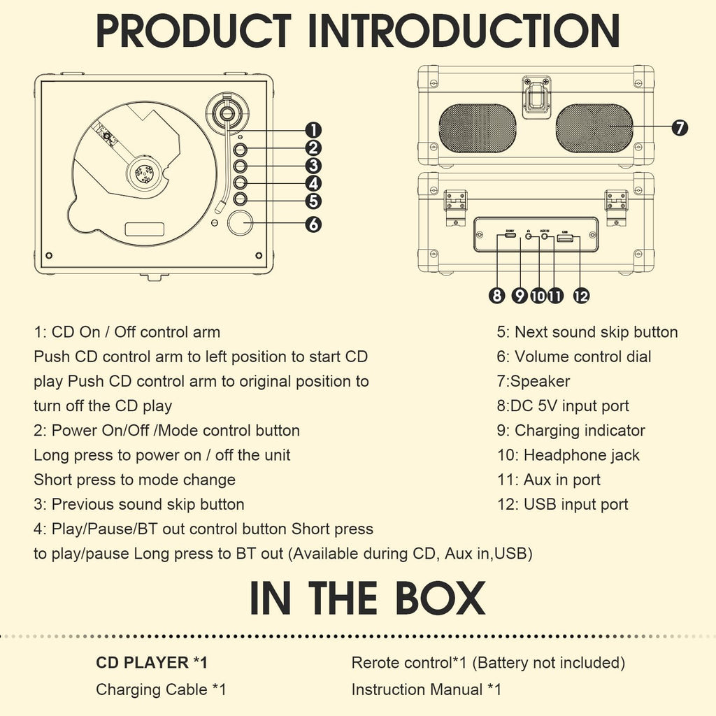 Black Portable CD Player with Speakers, Bluetooth, Remote Control, USB Playback N727