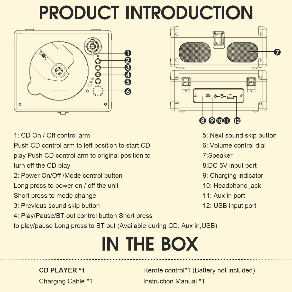 Black Portable CD Player with Speakers, Bluetooth, Remote Control, USB Playback N727
