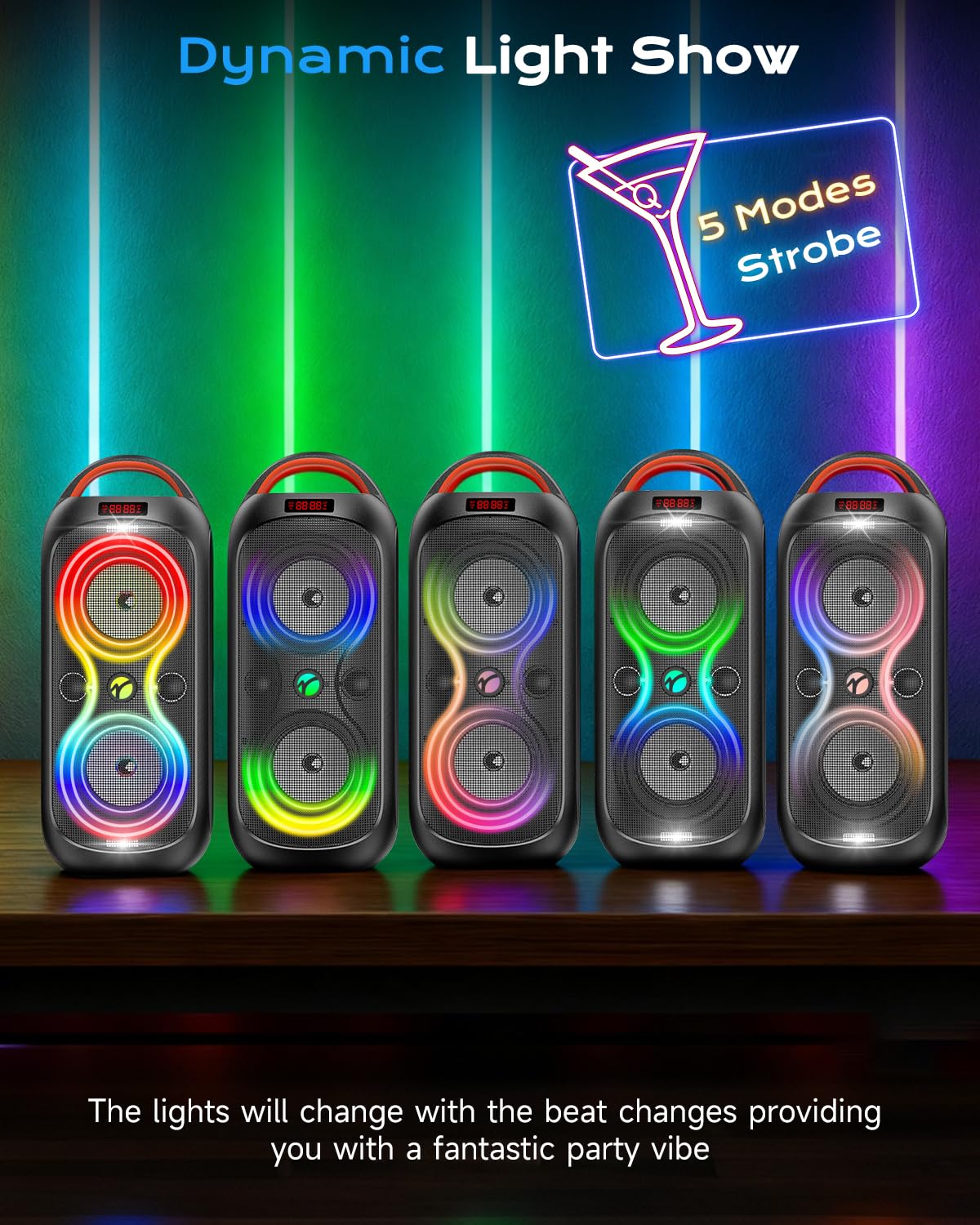 Party Bluetooth Speaker with Dual 4" Woofers, 60W Peak Power, 12H Playtime, Dynamic LED Lights, TWS, FM, AUX, USB, Mic Input, Portable Rechargeable Speaker for Indoor & Outdoor Events -Updated Version F26459