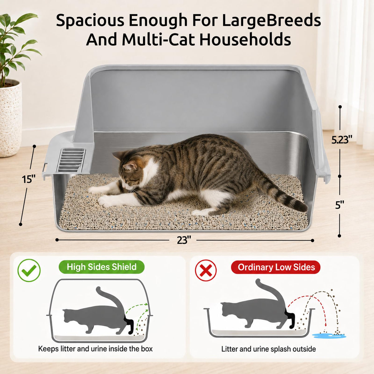 XL Stainless Steel Cat Litter Box with High Sides K56800