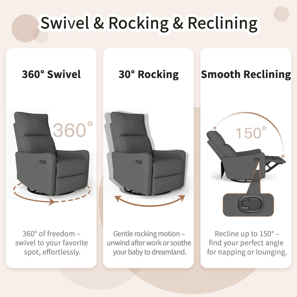 Dark Gray Swivel Rocker Recliner Chair C6452