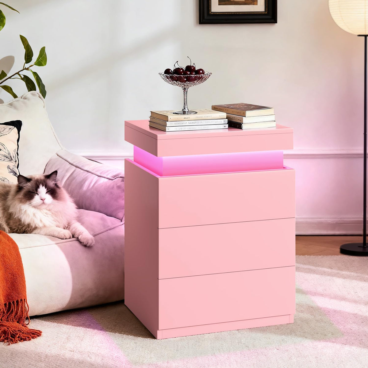 Pink Nightstand with Charging Station and LED Lights C2061