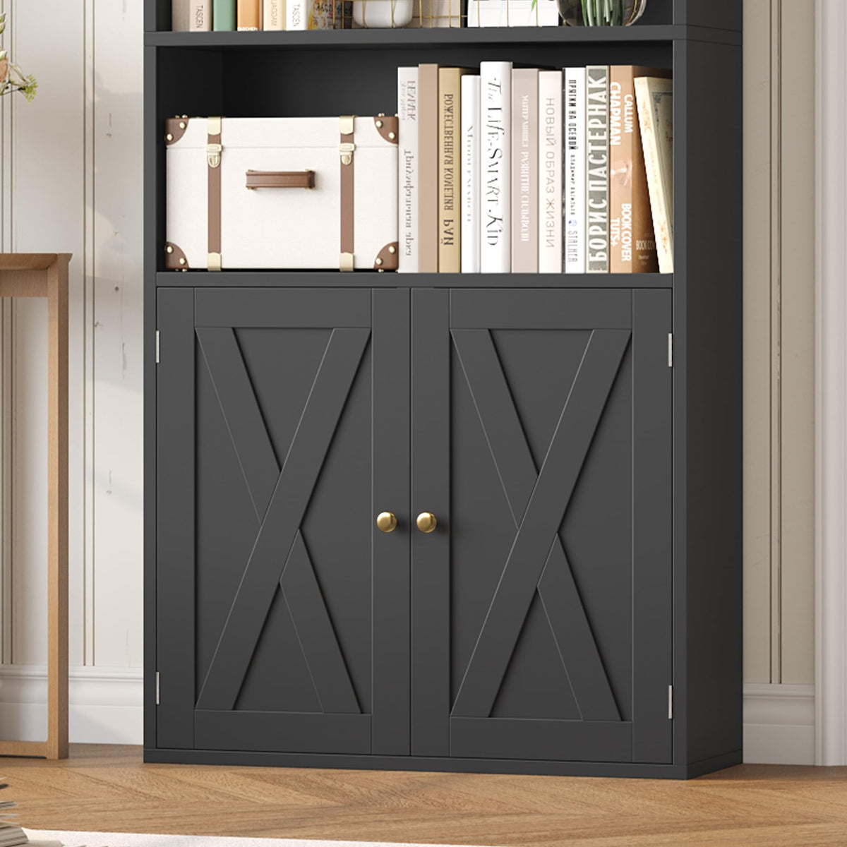 82" Tall Black Bookcase with Doors X830759