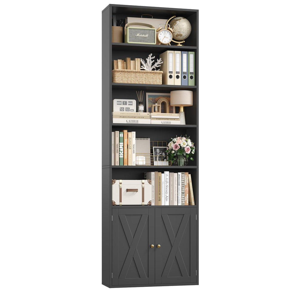 82" Tall Black Bookcase with Doors X830759