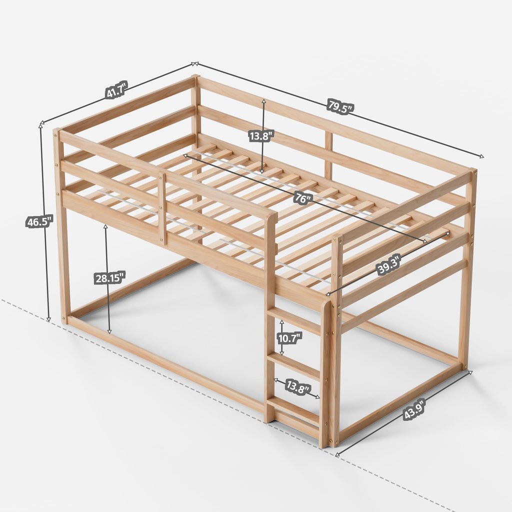 Twin Over Twin Low Bunk Bed with Ladder and Guardrails I8271