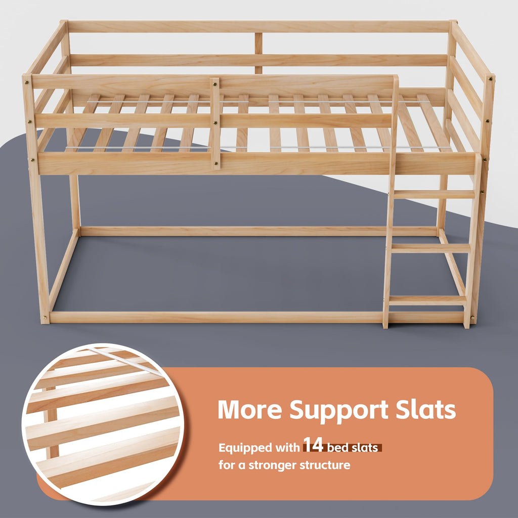 Twin Over Twin Low Bunk Bed with Ladder and Guardrails I8271