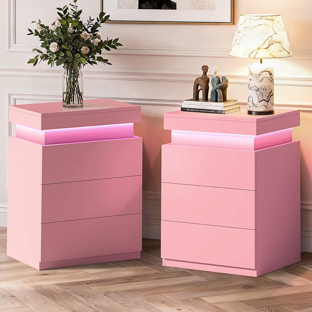 Pink Nightstand with Charging Station and LED Lights C2061