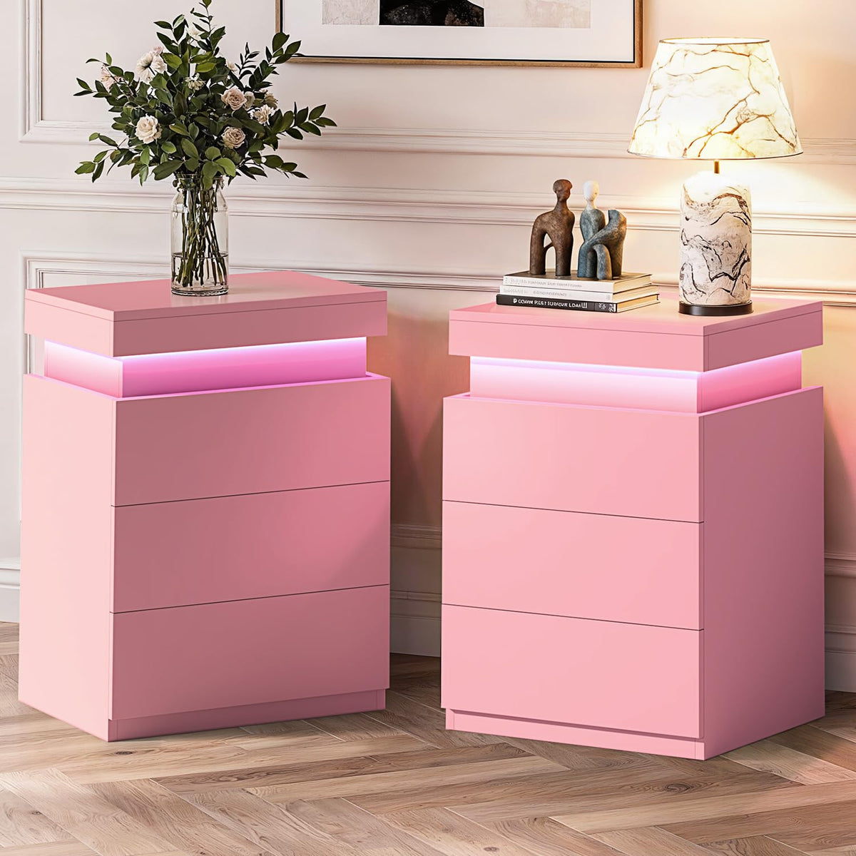 Pink Nightstand with Charging Station and LED Lights C2061