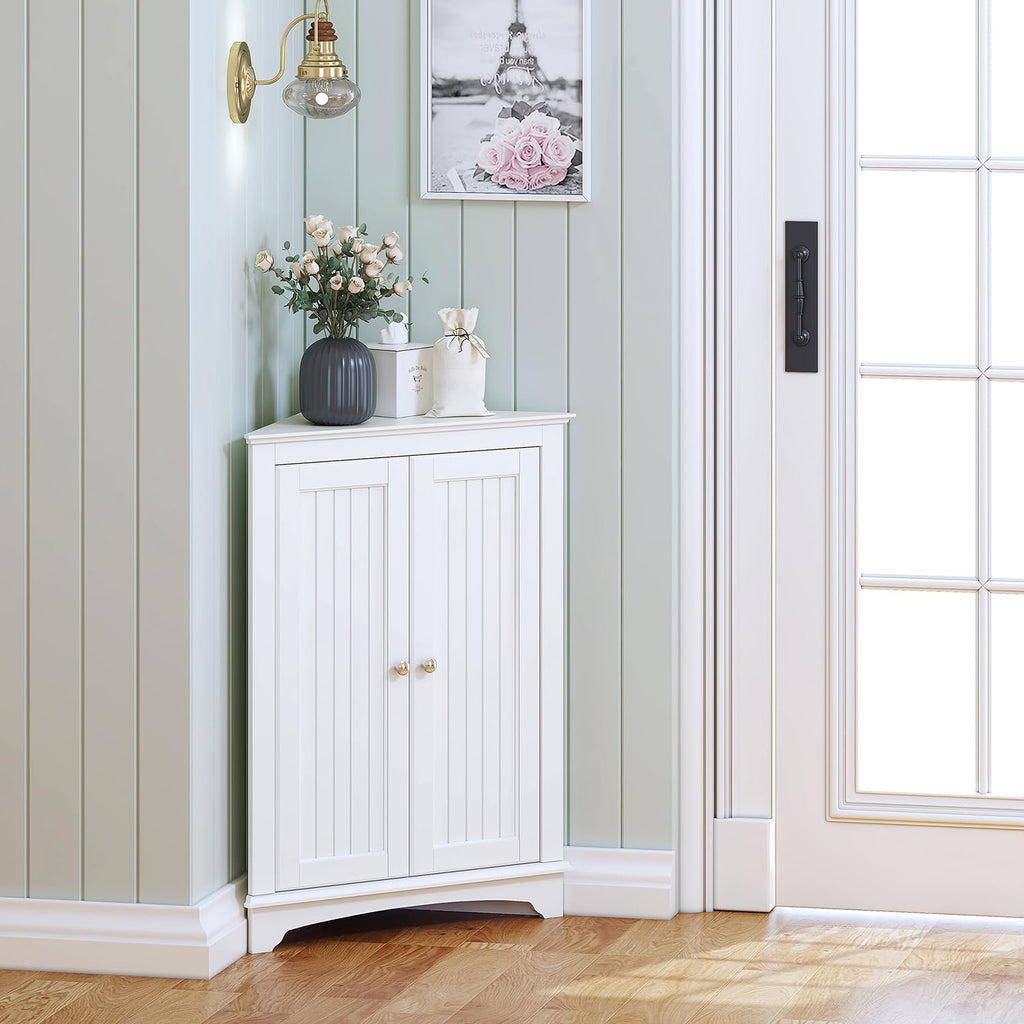 White Corner Bathroom Cabinet with Doors and Adjustable Shelf J711