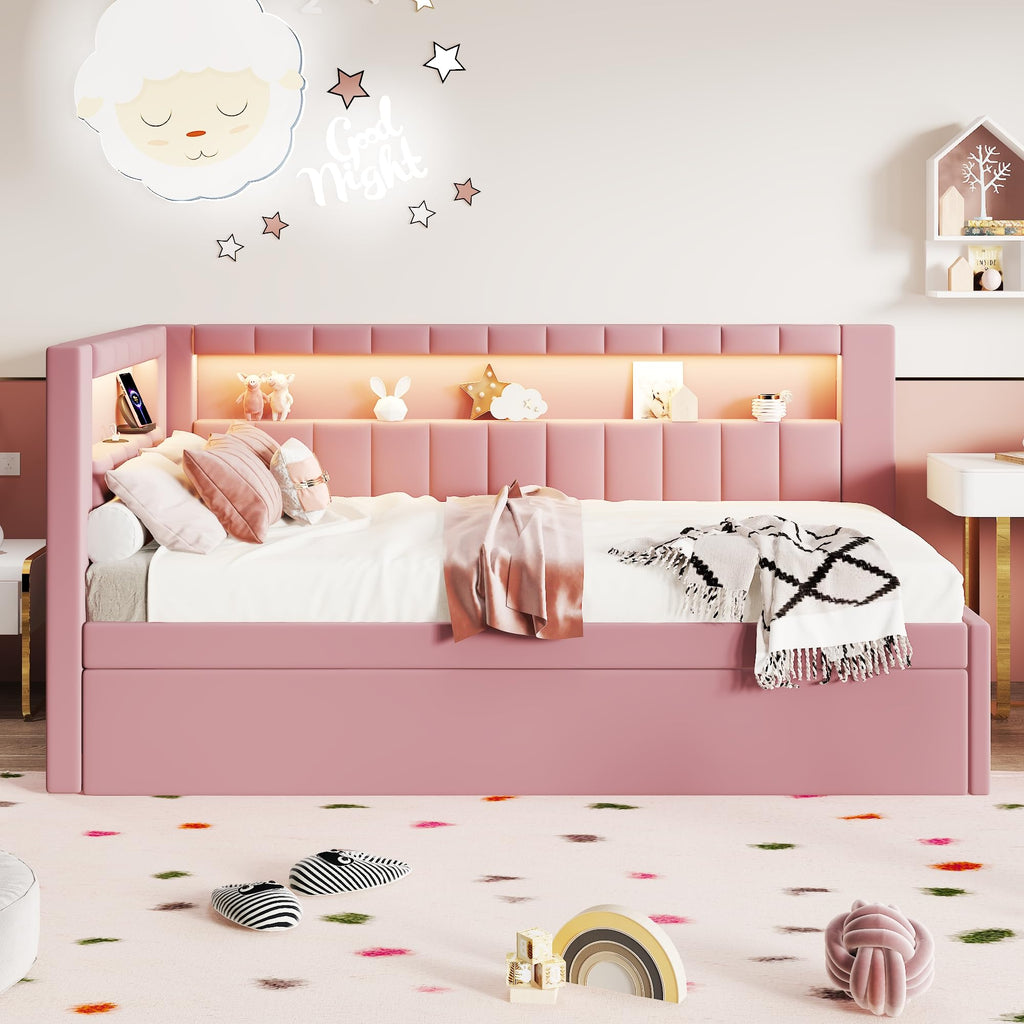 Twin Size Upholstered Platform Bed with Trundle and USB Ports H569762