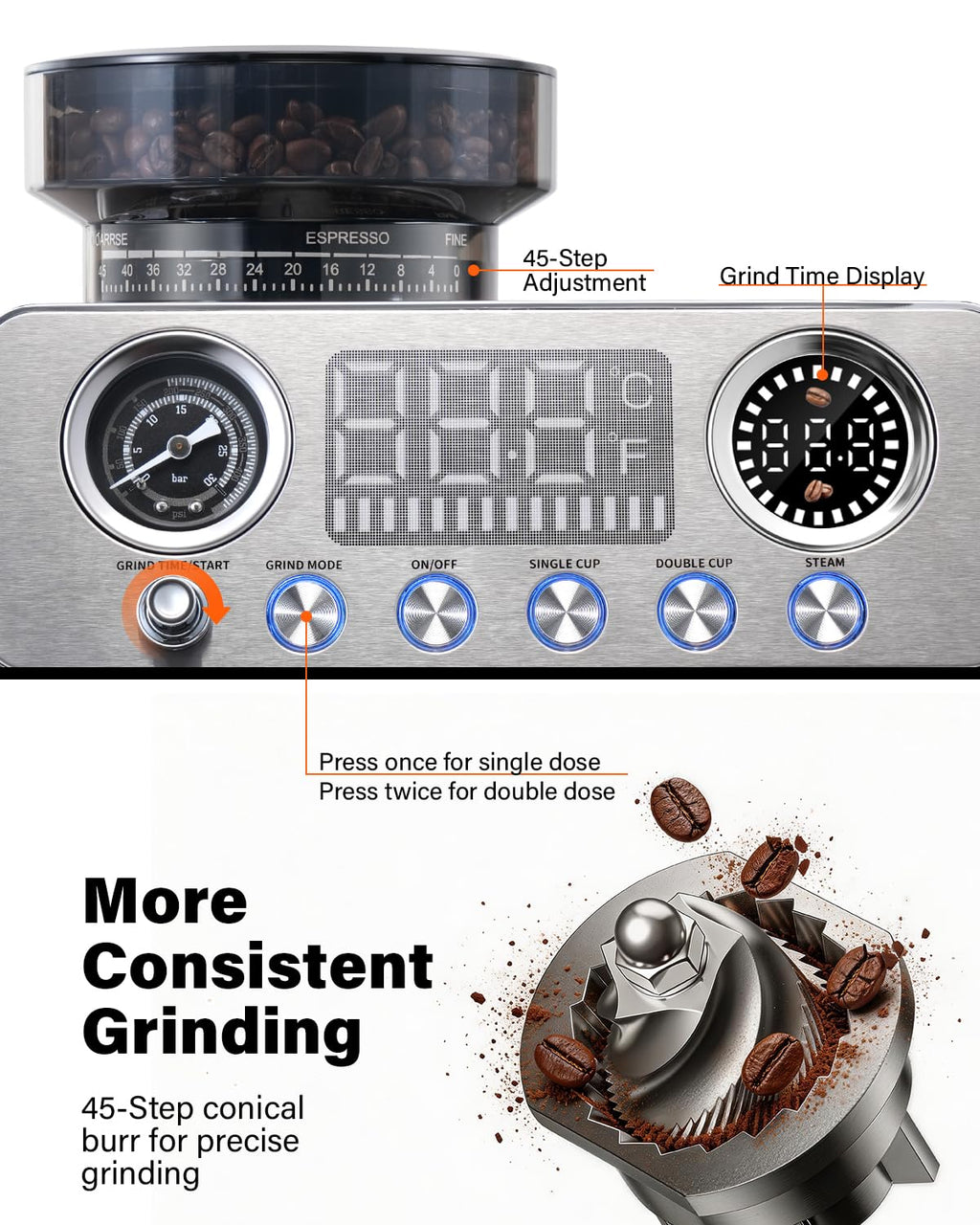 20 Bar Espresso Machine with Built-In Grinder L874345