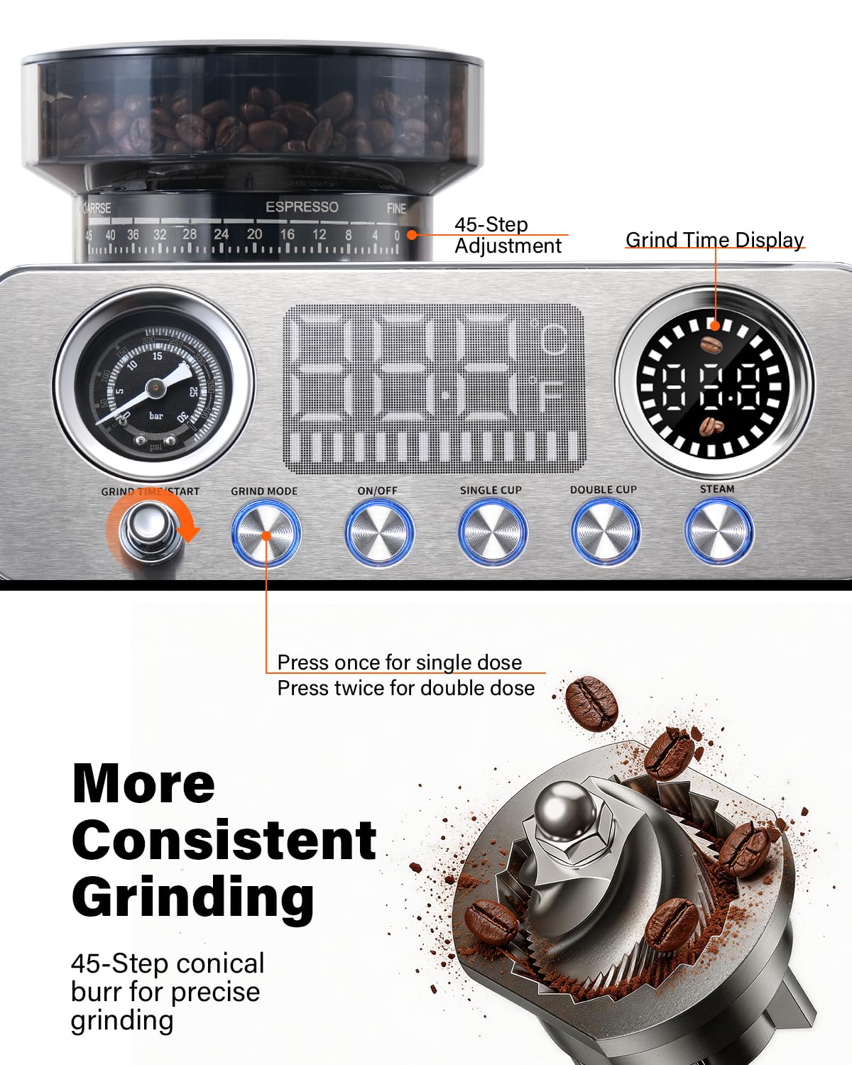 20 Bar Espresso Machine with Built-In Grinder L874345