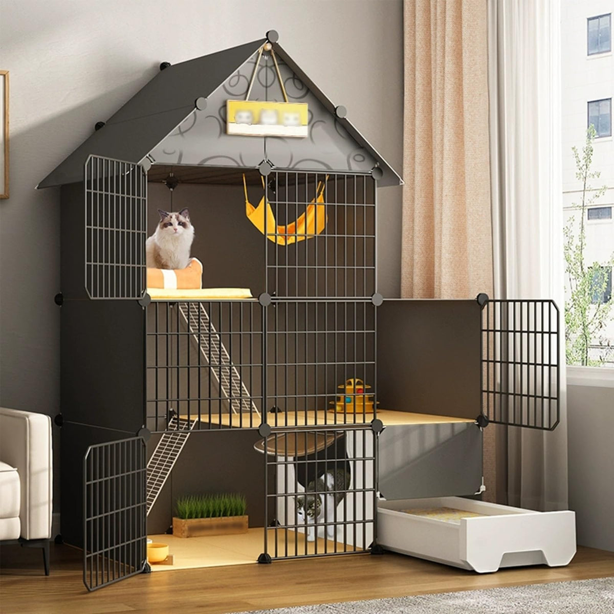 Large 3-Tier Detachable Metal Wire Cat Kennel with Litter Box and Hammock J79799
