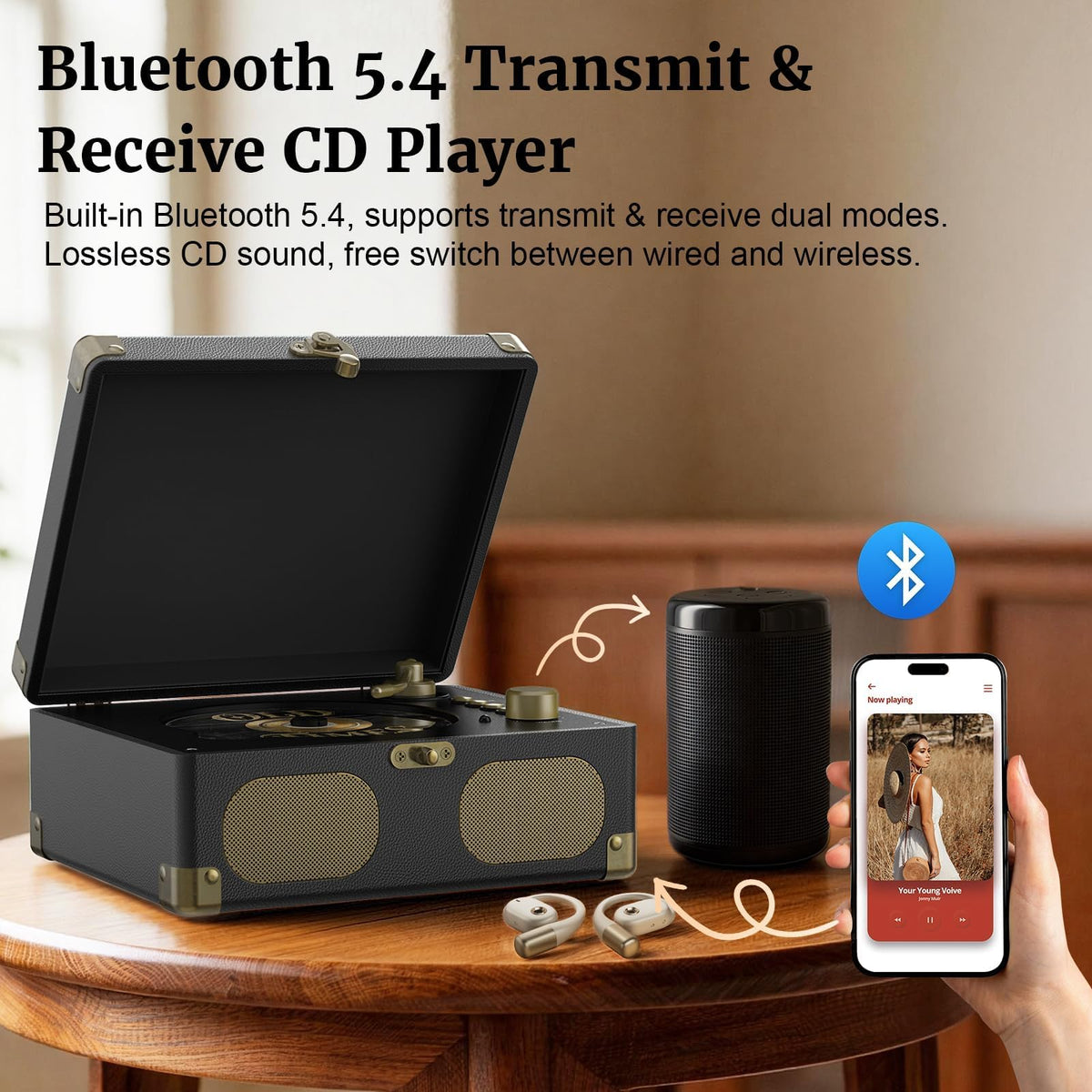 Black Portable CD Player with Speakers, Bluetooth, Remote Control, USB Playback N727