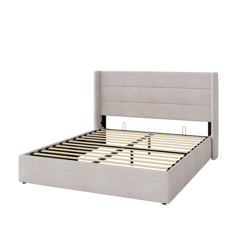 Queen Size Lift Up Hydraulic Storage Bed Frame Light Beige Y3905