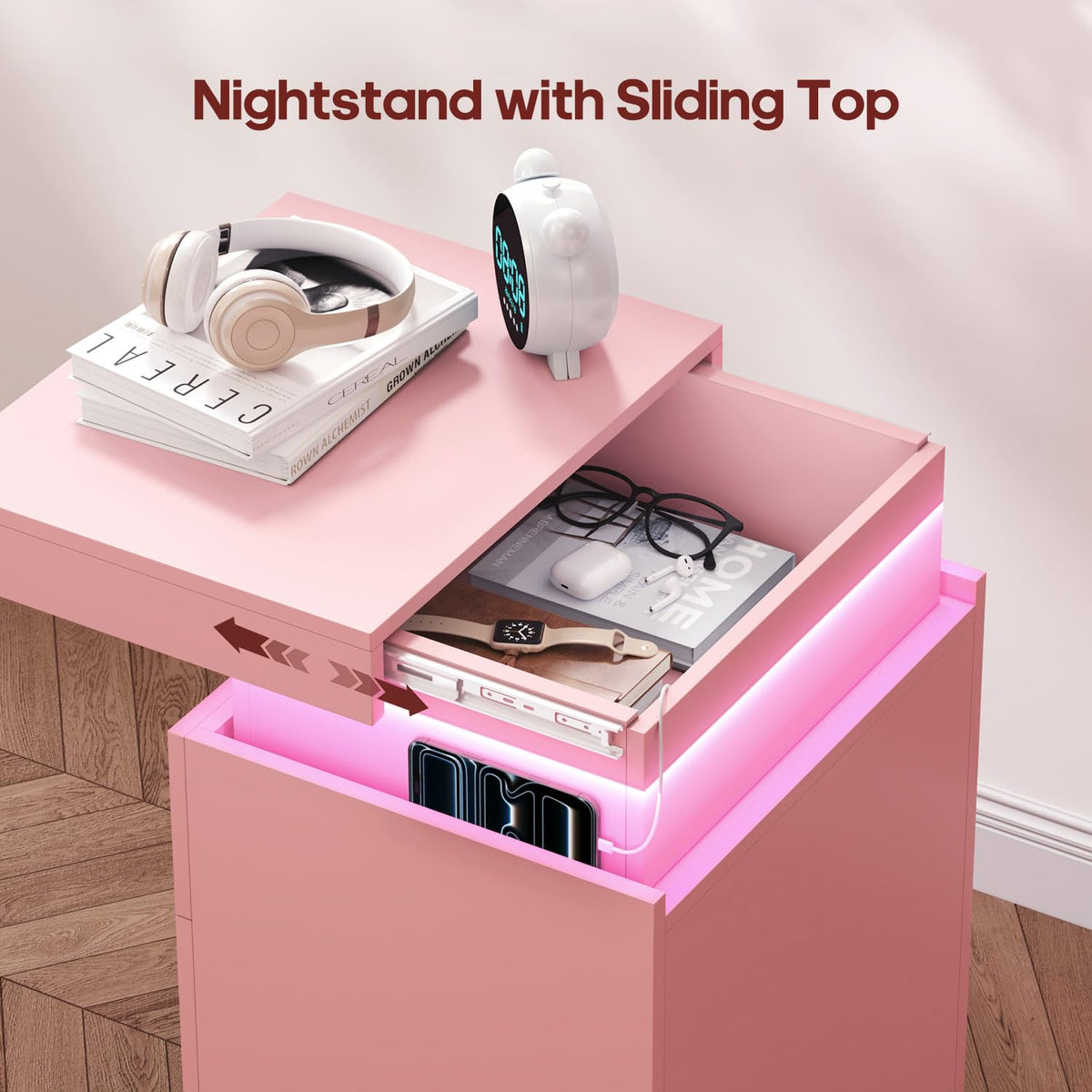 Pink Nightstand with Charging Station and LED Lights C2061