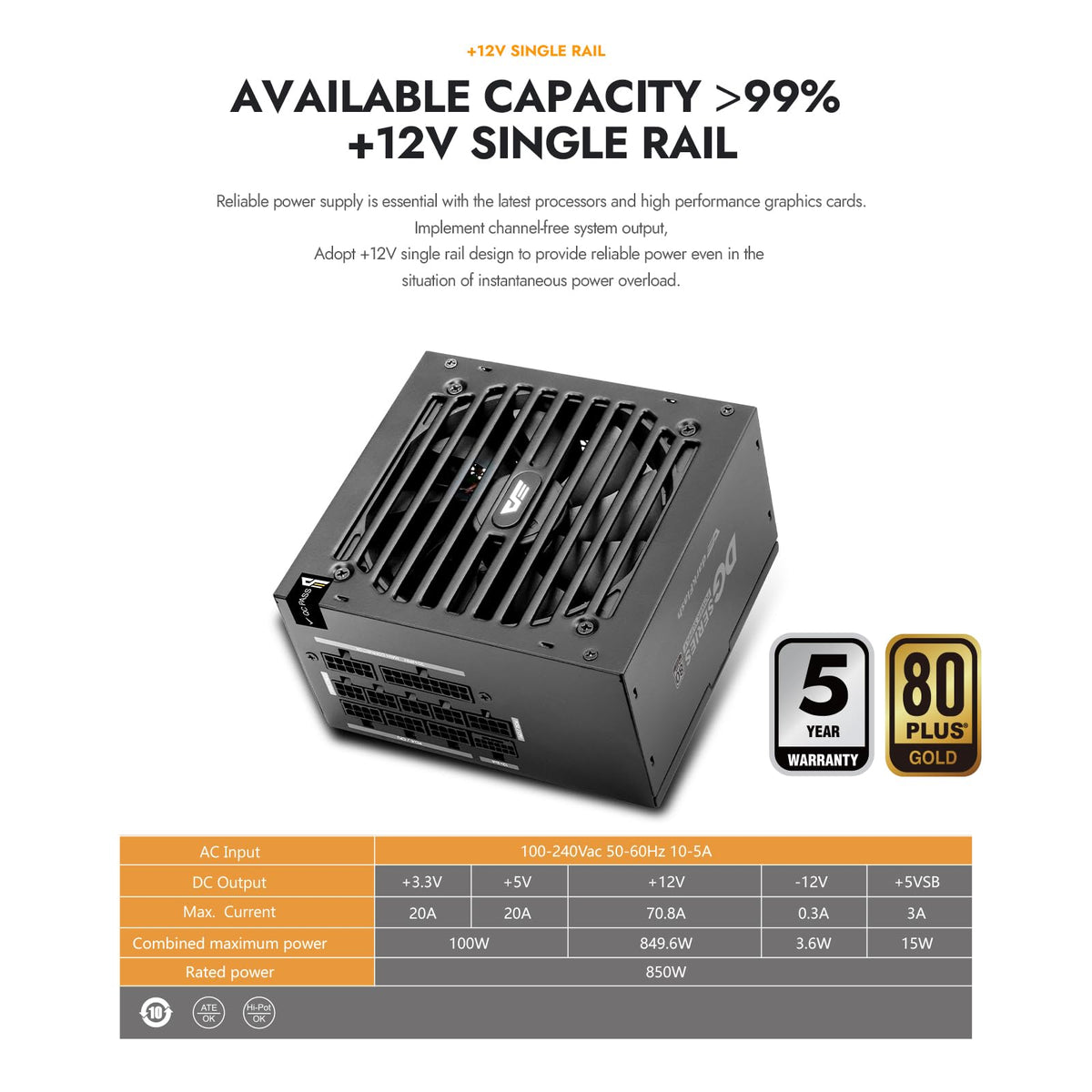 750W 80 Plus Gold ATX 3.1 PCIe 5.1 PC Power Supply, Black I55381