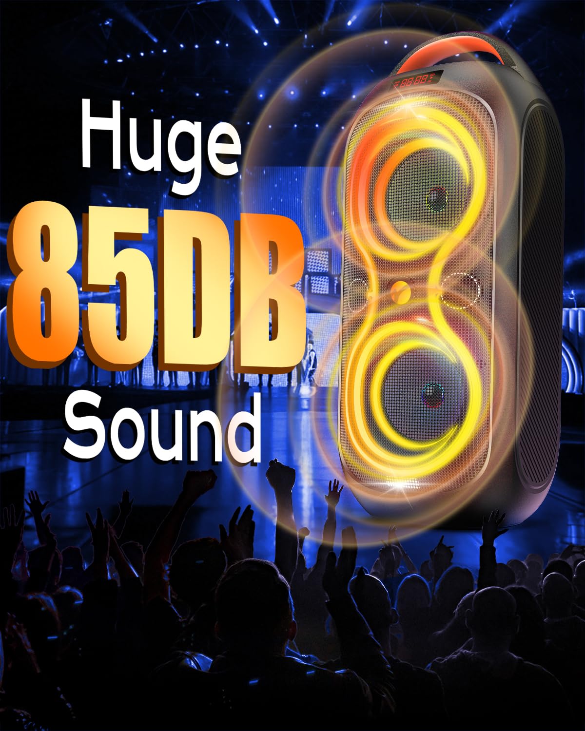 Party Bluetooth Speaker with Dual 4" Woofers, 60W Peak Power, 12H Playtime, Dynamic LED Lights, TWS, FM, AUX, USB, Mic Input, Portable Rechargeable Speaker for Indoor & Outdoor Events -Updated Version F26459