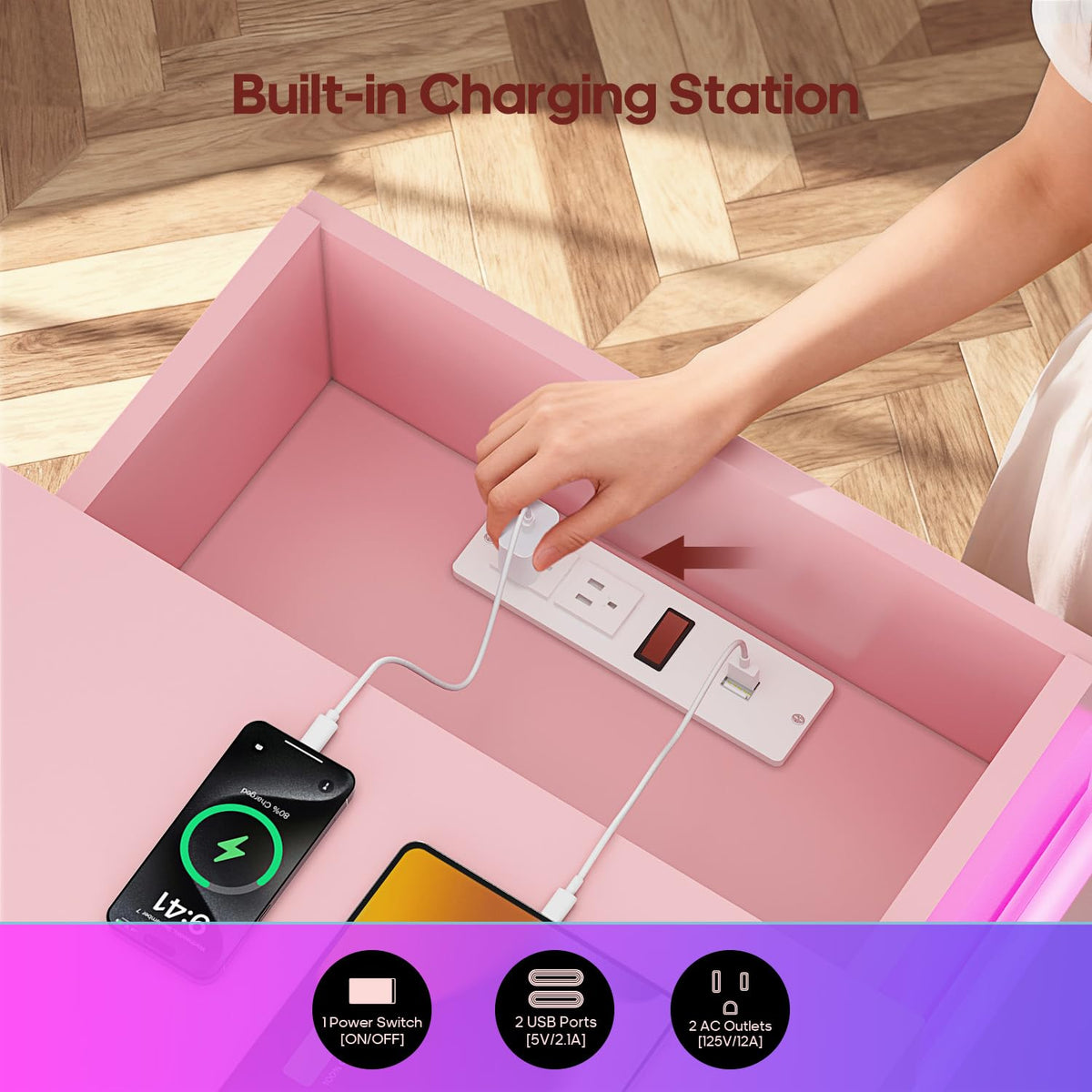 Pink Nightstand with Charging Station and LED Lights C2061