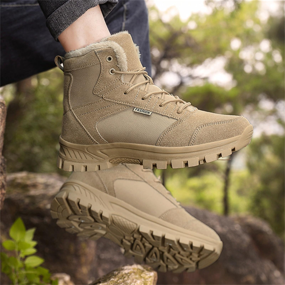 Mid Top Fur Lined Suede Leather Waterproof Military Tactical Boots Q81282