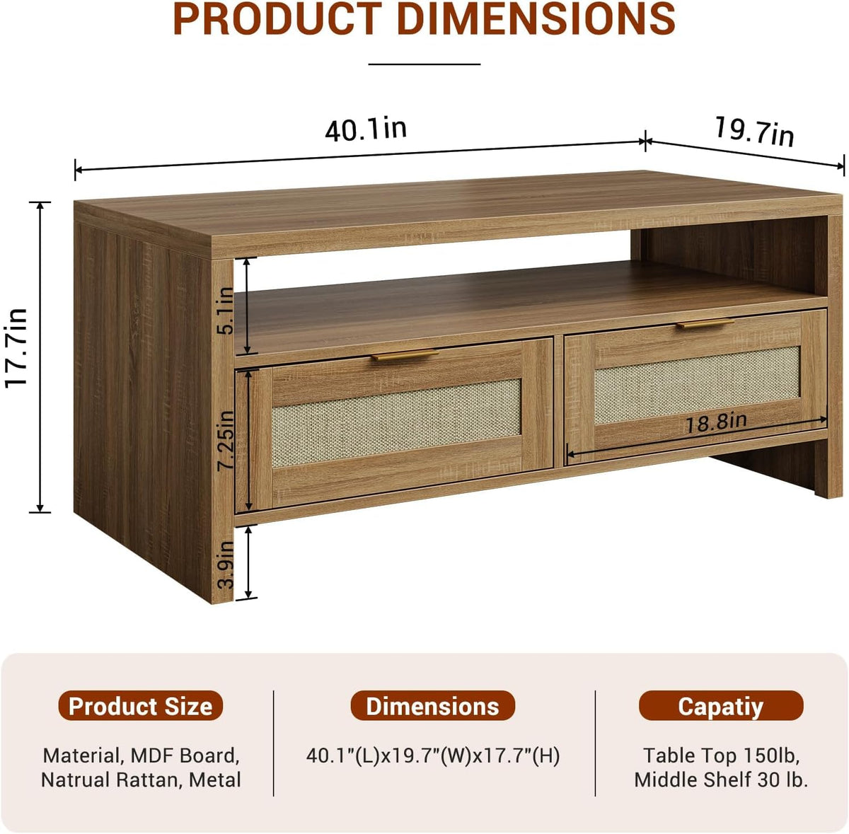 40” Boho Rattan Coffee Table with Storage J713