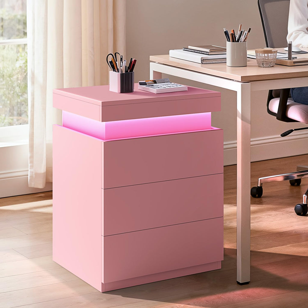 Pink Nightstand with Charging Station and LED Lights C2061