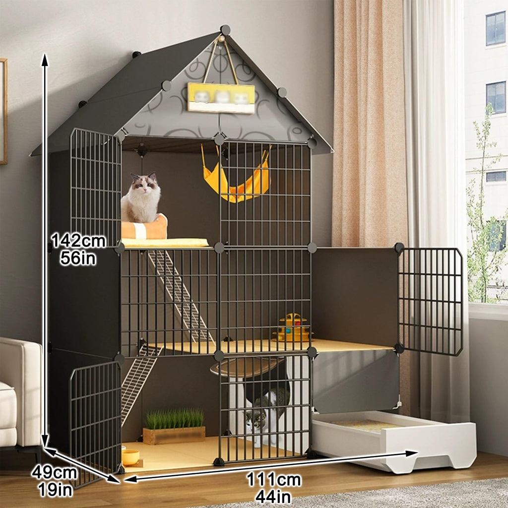 Large 3-Tier Detachable Metal Wire Cat Kennel with Litter Box and Hammock J79799