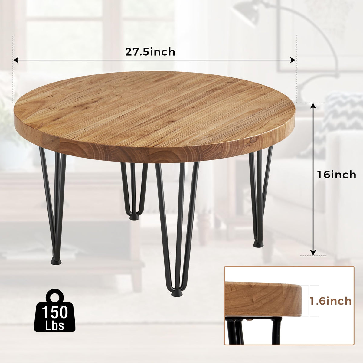 Rustic Wood Round Coffee Table with Metal Legs W29635