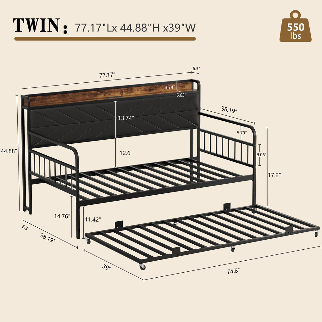 Black Metal Twin Daybed with Trundle and Storage Headboard T508859