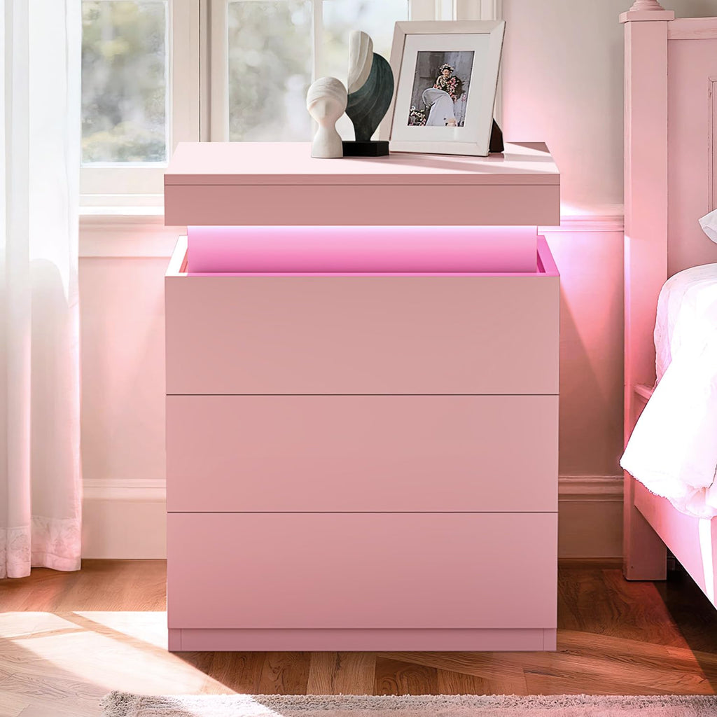 Pink Nightstand with Charging Station and LED Lights C2061