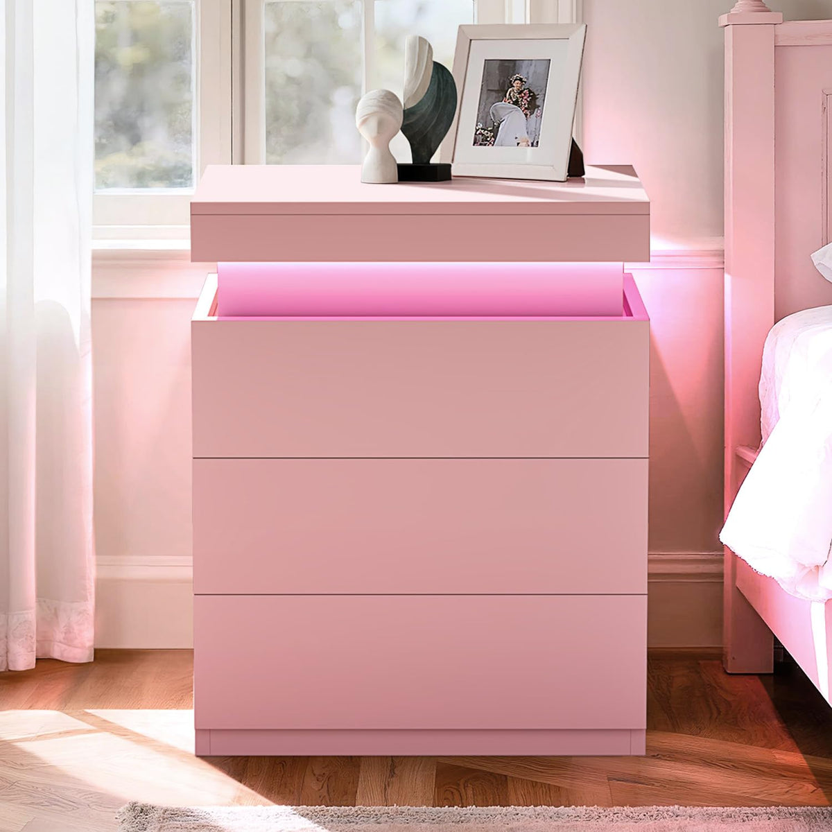 Pink Nightstand with Charging Station and LED Lights C2061