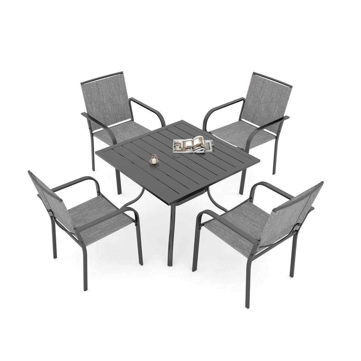 5 Piece Outdoor Dining Set with Grey Stackable Chairs and Square Table Y45290