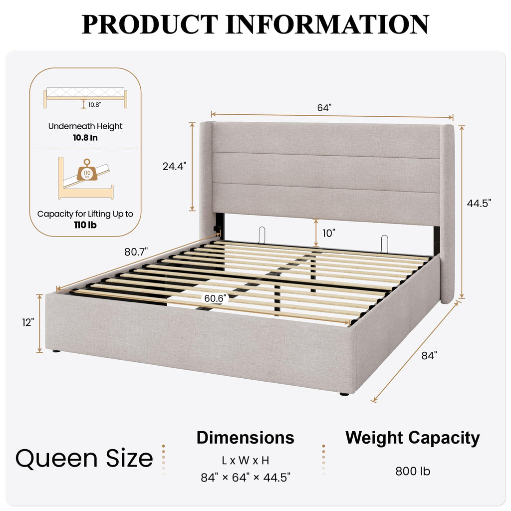 Queen Size Lift Up Hydraulic Storage Bed Frame Light Beige Y3905