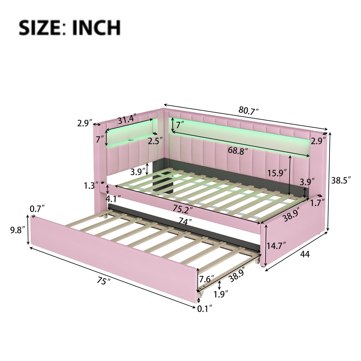 Twin Size Upholstered Platform Bed with Trundle and USB Ports H569762